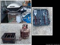 Weber grill on cart with propane tank; tool set open in case; burner and tank shown