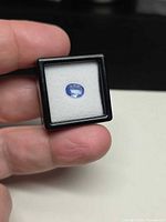 Oval blue sapphire in display case held between fingers