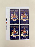 Full view of mint block of four 36¢ Canada Charter of Rights stamps showing design and margins