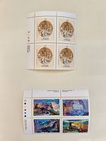 Both plate blocks: mining block above, se-tenant commemorative block below