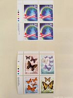 Both stamp blocks: upper 36¢ Air Canada, lower 37¢ butterflies, full panes visible with colour bars