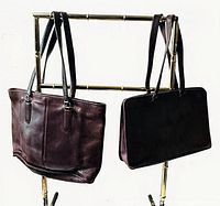 Front view of both dark brown Coach leather totes hanging from rack
