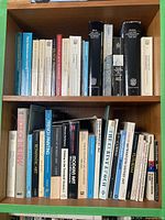 Two wooden shelves filled with art reference books, upper shelf showing mainly early Netherlandish and Dutch painting volumes, lower shelf showing assorted modern art titles.