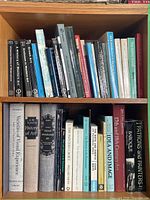 Top shelf showing large run of art history textbooks and monographs