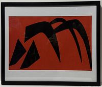 Framed Calder colour lithograph showing abstract black forms on red background
