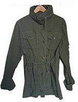 Full view of olive J.Crew jacket on hanger