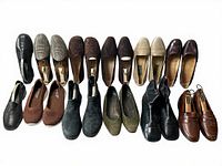 Top and bottom rows show each pair of size 7 women’s flat shoes in various neutral colours and materials
