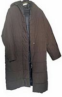 Full view of brown quilted hooded long coat on hanger