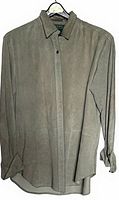 Full front view of green suede shirt-style jacket on hanger