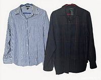 Both blouses hanging: striped and plaid styles full view
