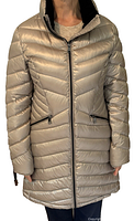 Front view of silver down coat showing zipper, pockets, quilting