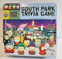 Front of sealed South Park Trivia Game tin showing graphics and title