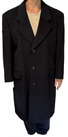 Front view of long black wool-cashmere coat on model