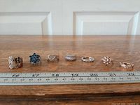 All seven rings lined up with ruler showing scale
