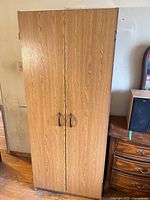 Front view of tall faux wood cabinet with two doors