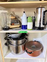 Top shelf showing blender, hand appliances, electric kettle