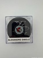 Front view of autographed puck in display cube showing signature and name label