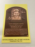 Front of postcard showing Gary Carter Hall of Fame plaque