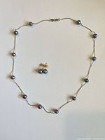 Full view of necklace laid flat with earrings centered
