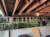 Extension ladder suspended from garage ceiling