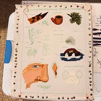 Full view of mounted embroidery sampler with various stitched motifs and border tacks