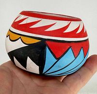 Side view showing geometric painted pattern and bowl shape
