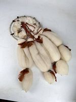 Full view of dreamcatcher showing hoop, wool tassels, feathers