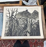 Full view of Ruth Leaf woodblock print on tabletop