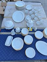 Full set laid out showing plates, cups, teapot, sugar, creamer, platters, shakers