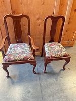 Armchair and side chair showing Queen Anne design, wood finish and upholstery