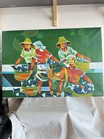 full view of unframed oil painting showing figures and fish