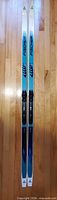 Full top view of both Fischer skis showing length, graphics and mounted bindings
