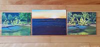 Front view of all three acrylic landscape paintings laid side by side
