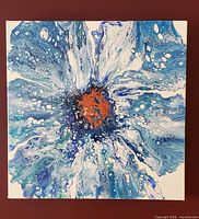 Front view of entire blue abstract flower painting on square canvas