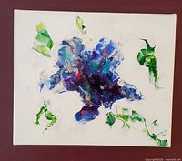 Front view of entire abstract painting on white canvas with colourful design