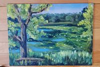 Full view of unframed oil landscape painting