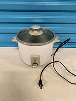Full view of rice cooker with lid and cord