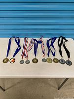 Overview of nine medals laid out on table