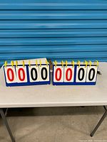two flip scoreboards showing zeros front view