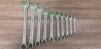 Full set of ten Powermaster combination wrenches laid out largest to smallest