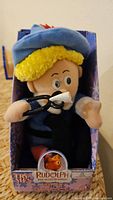 Front view of Hermey plush in original box