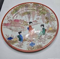 Front view of hand-painted porcelain plate showing geisha and floral design with red-orange rim