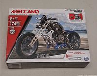 Front of sealed Meccano 17202 box showing motorcycle image and key details
