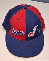 Front view of blue/red Montreal Expos fitted cap