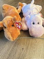 Orange camel and pink hippo Ty Beanie Buddy plush on floor