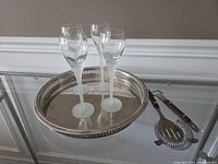 overview of glasses on tray with bar tools