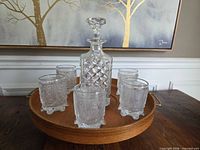 Full set showing decanter, six tumblers and wooden tray