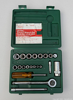 Open case showing all sockets, ratchet, accessories, instruction card