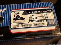 Box label showing K2 Alexis ICE Boa TP, size US 8 / EU 39 / UK 5.5