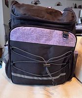 Front view of black and purple backpack showing bungee cord, front pocket, side mesh pocket